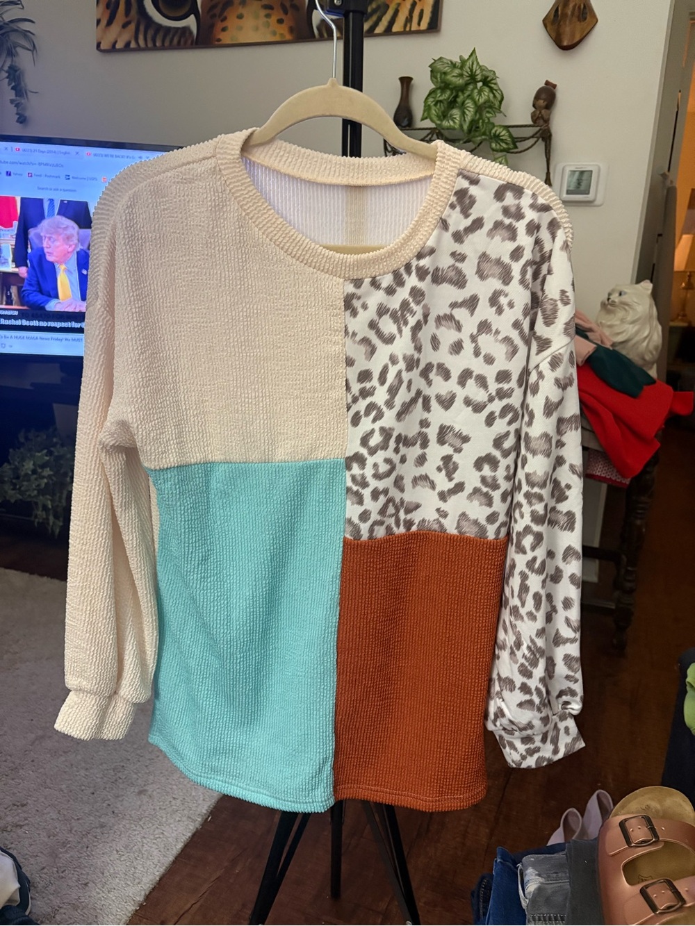 Colorblock Leopard patchwork mixed media Women Sz Small Pullover knit sweater